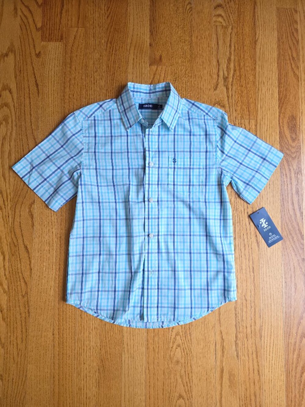 IZOD Boy's Short Sleeve Button Down Shirt | 10-12 | Plaid Collar Casual Blue NEW